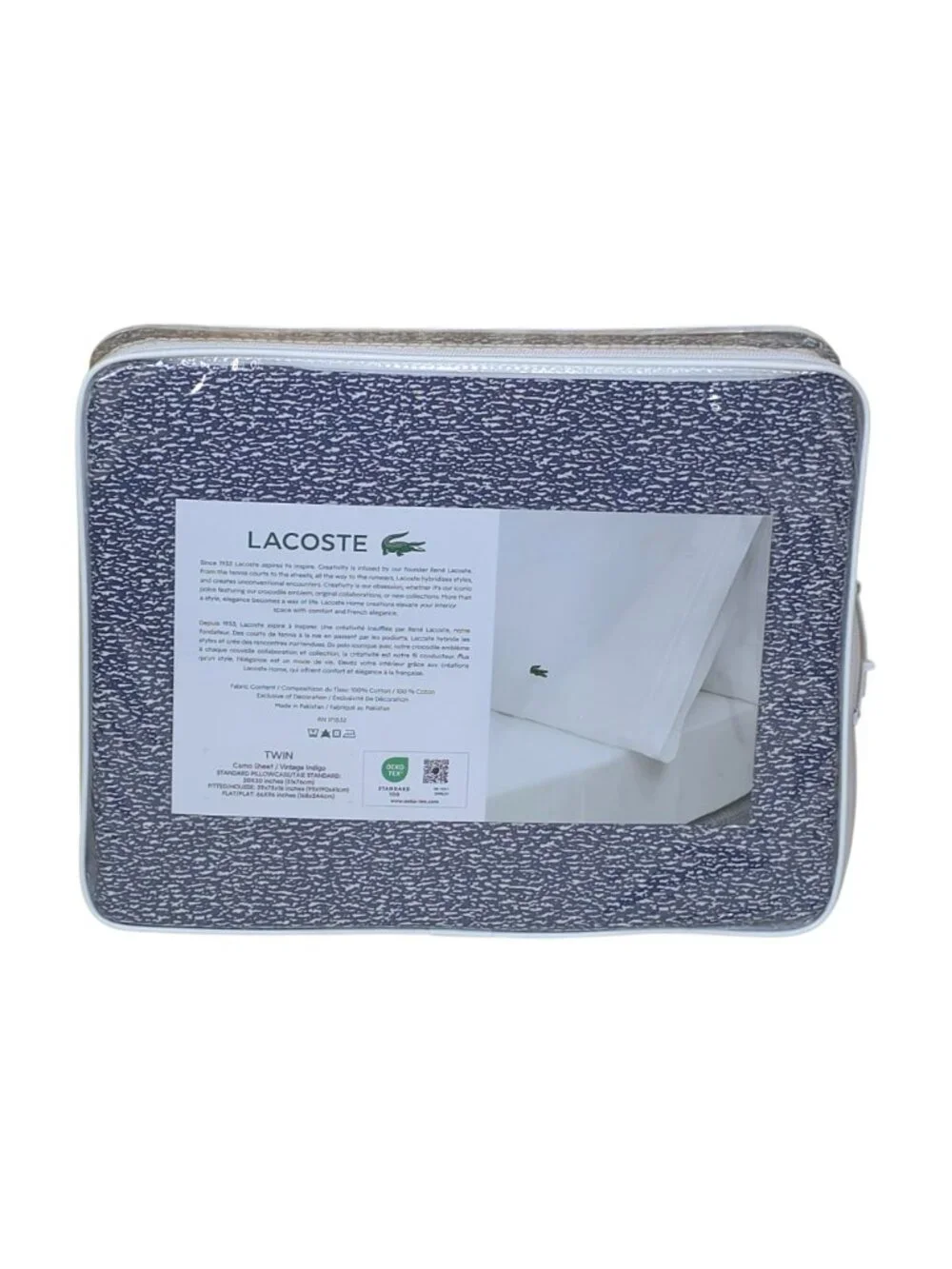 Lacoste 3-Piece Twin Sheet Set Blue Camo Vintage Indigo 100% Cotton Percale